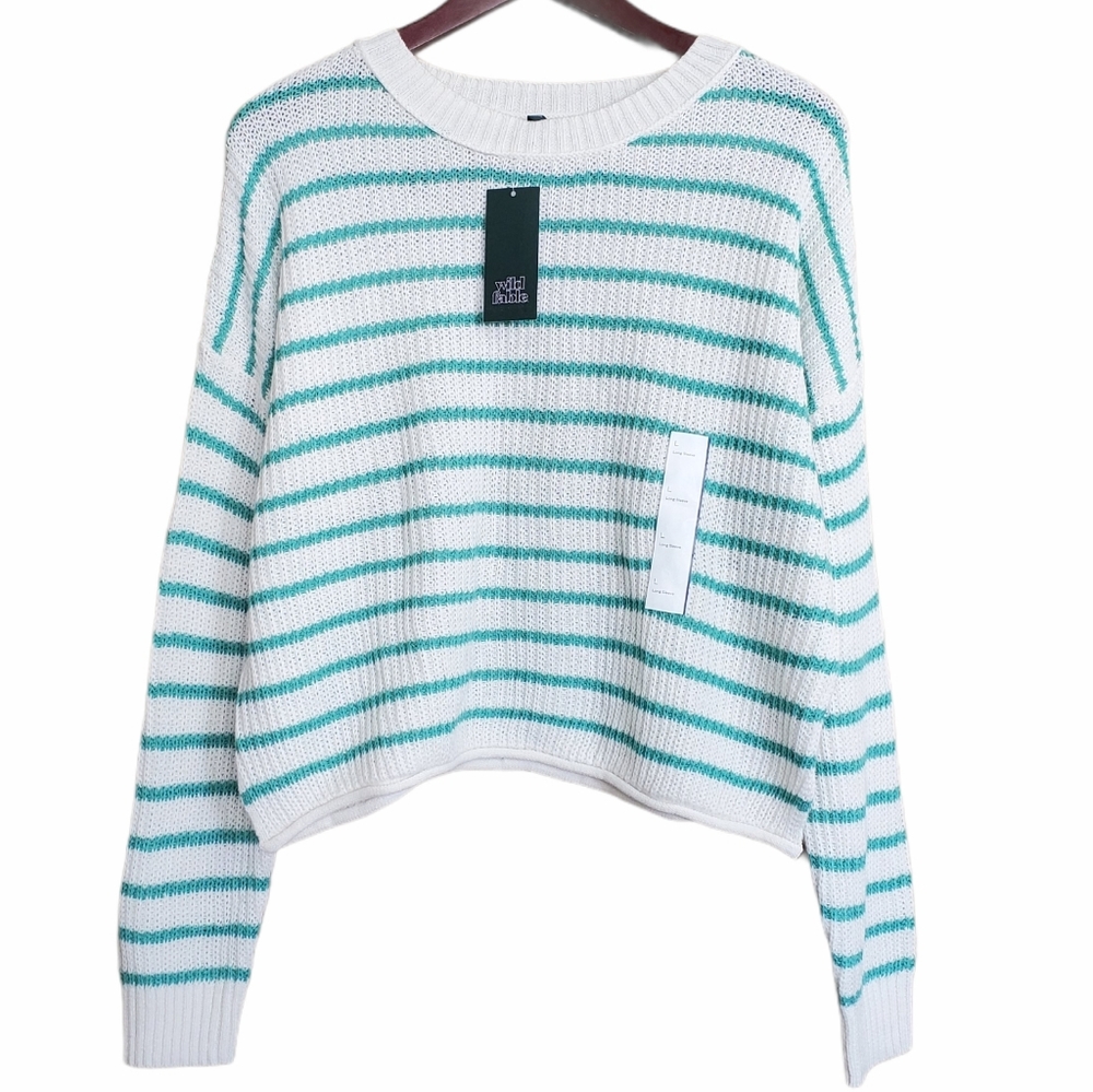 NWT Wild Fable Spring Striped Cropped Sweater Cream Green Large